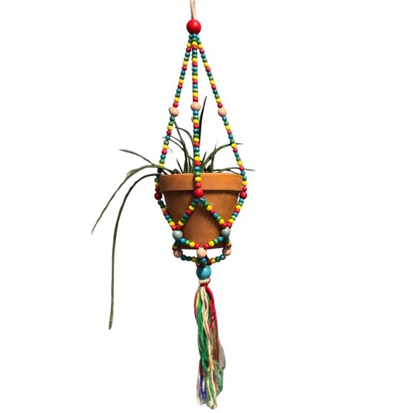 Rainbow Macrame Plant Holder | Bohemian Decorative Hanging Flower Pot Holder - Picture 2 of 2